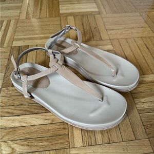 Cream Flat Sandals with Ankle Strap and Thong Design